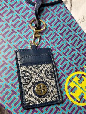 Tory Burch Navy and Bright Blue Card Holder with Yellow Logo Lanyard